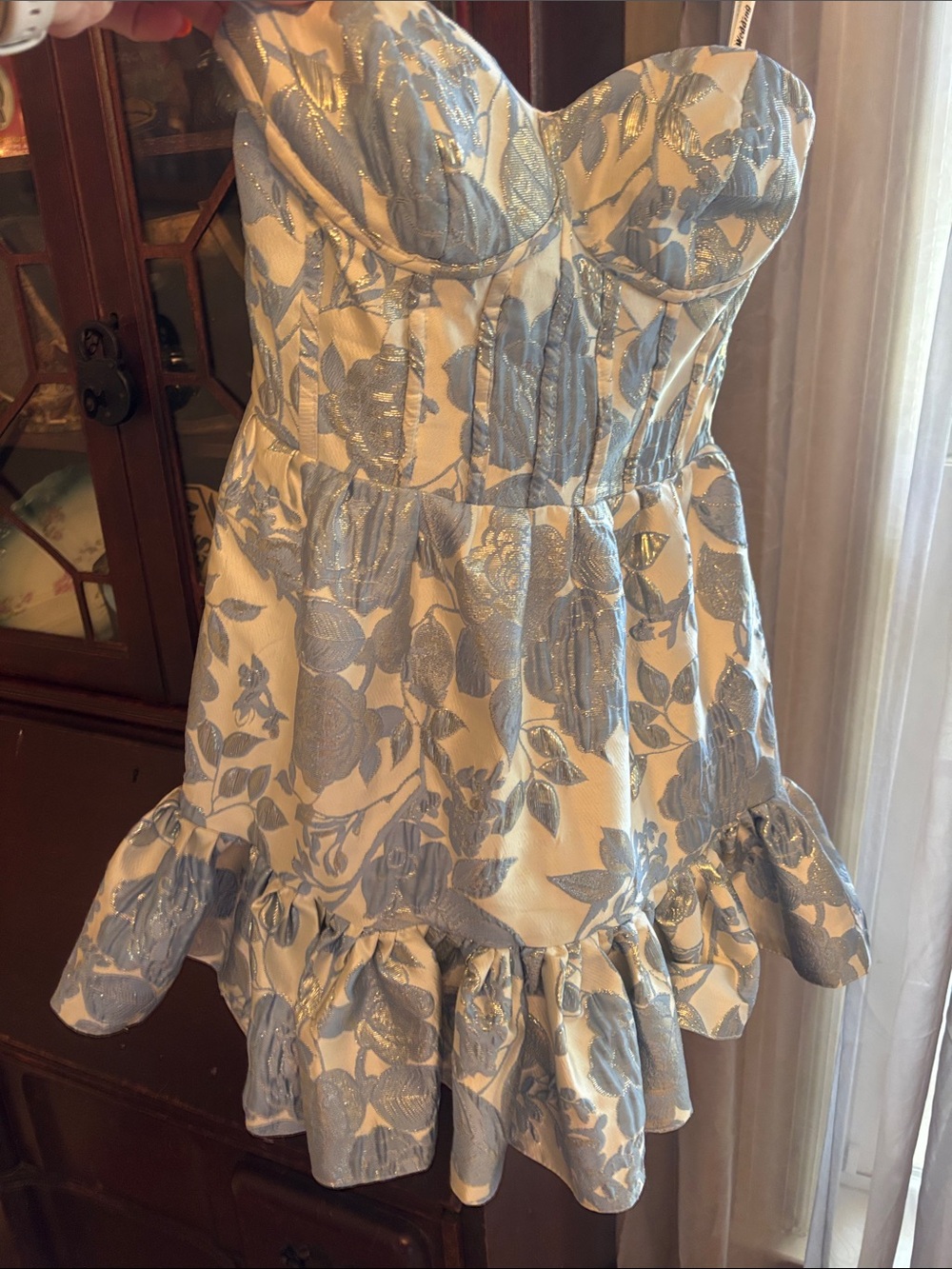Strapless White and Light Blue Floral Ruffle-Hem Dress